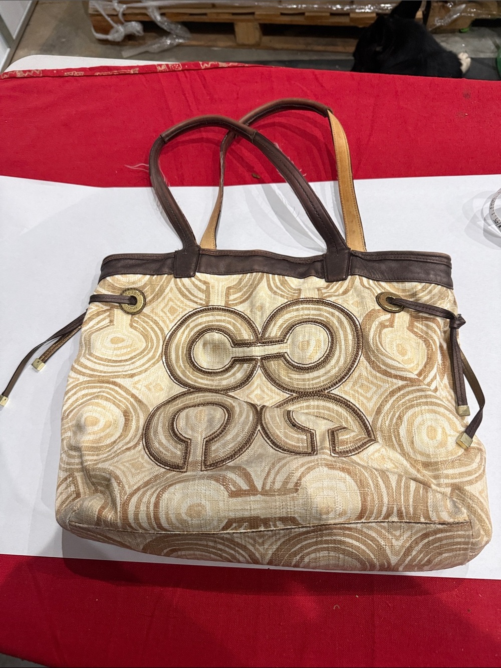 Coach Beige and Brown Canvas Tote with Signature Embroidery